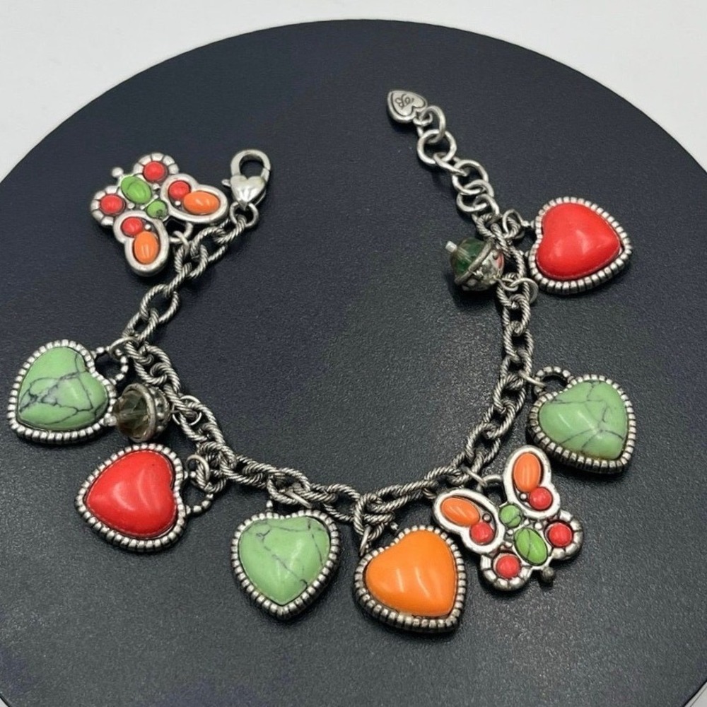 Brighton Green Orange‎ Butterfly Heart Charm Bracelet Jewelry 8" Antiqued Silver